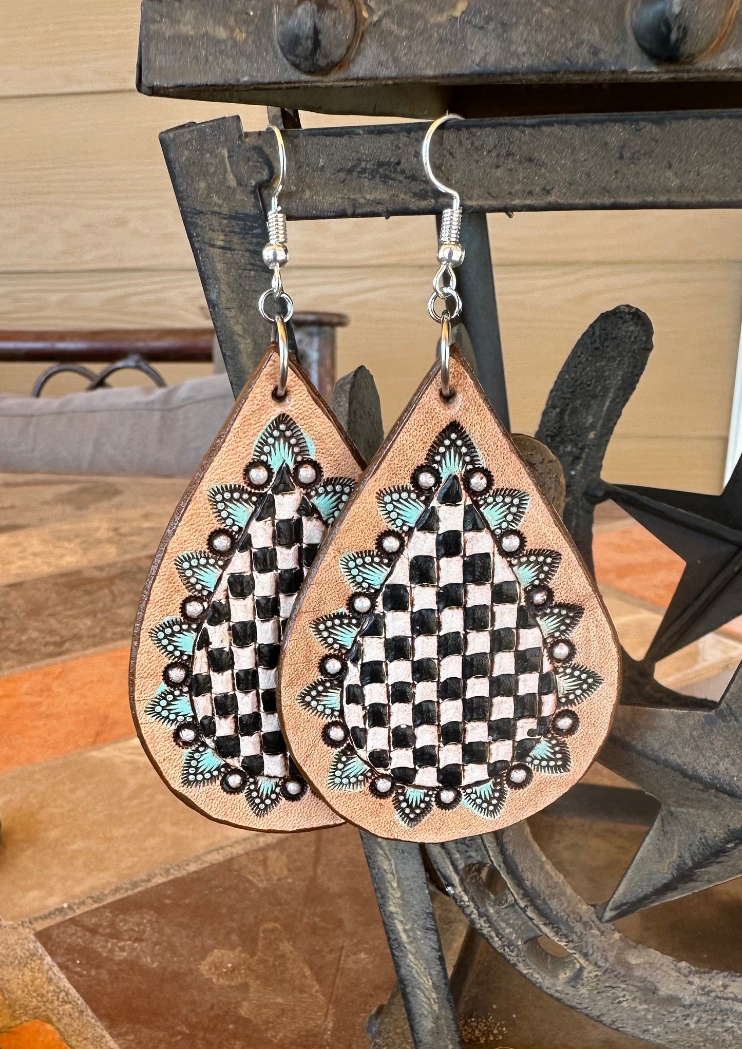 Checker and turquoise tear drop earrings