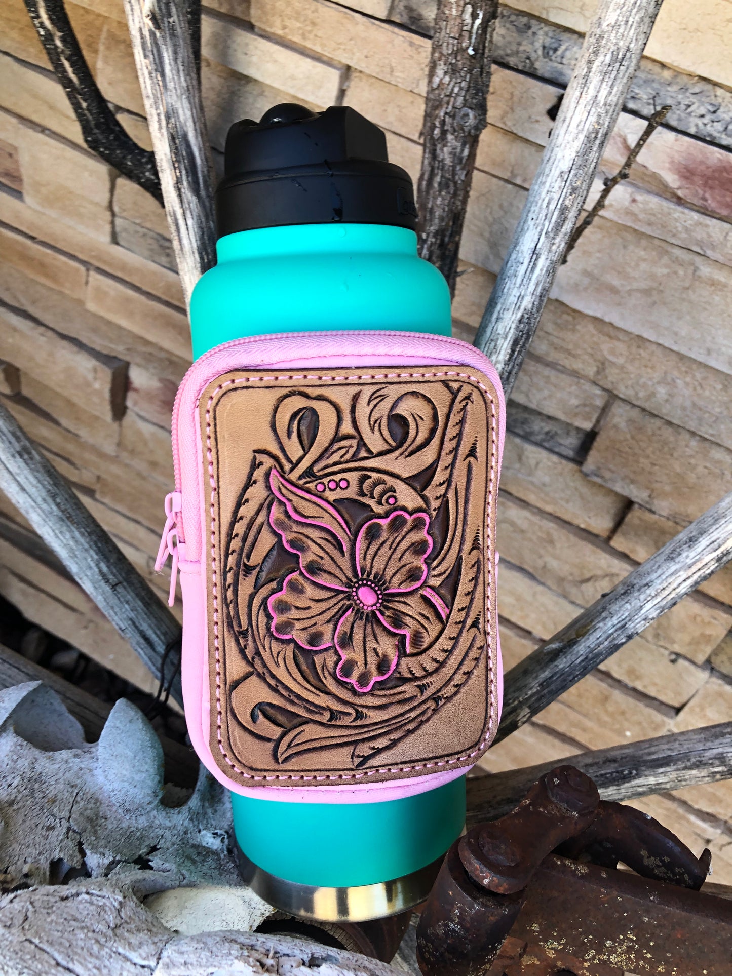 Western tooled floral pink tumbler pouch