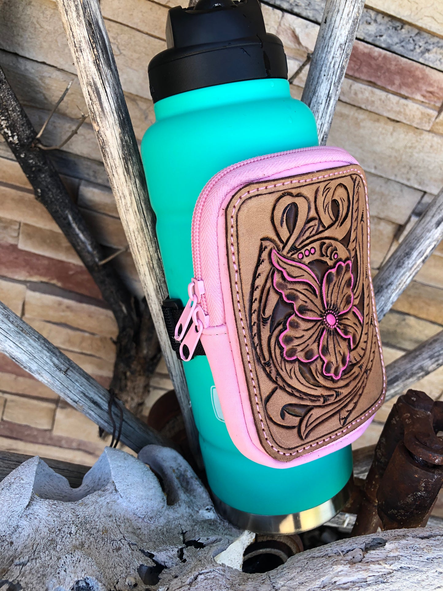 Western tooled floral pink tumbler pouch
