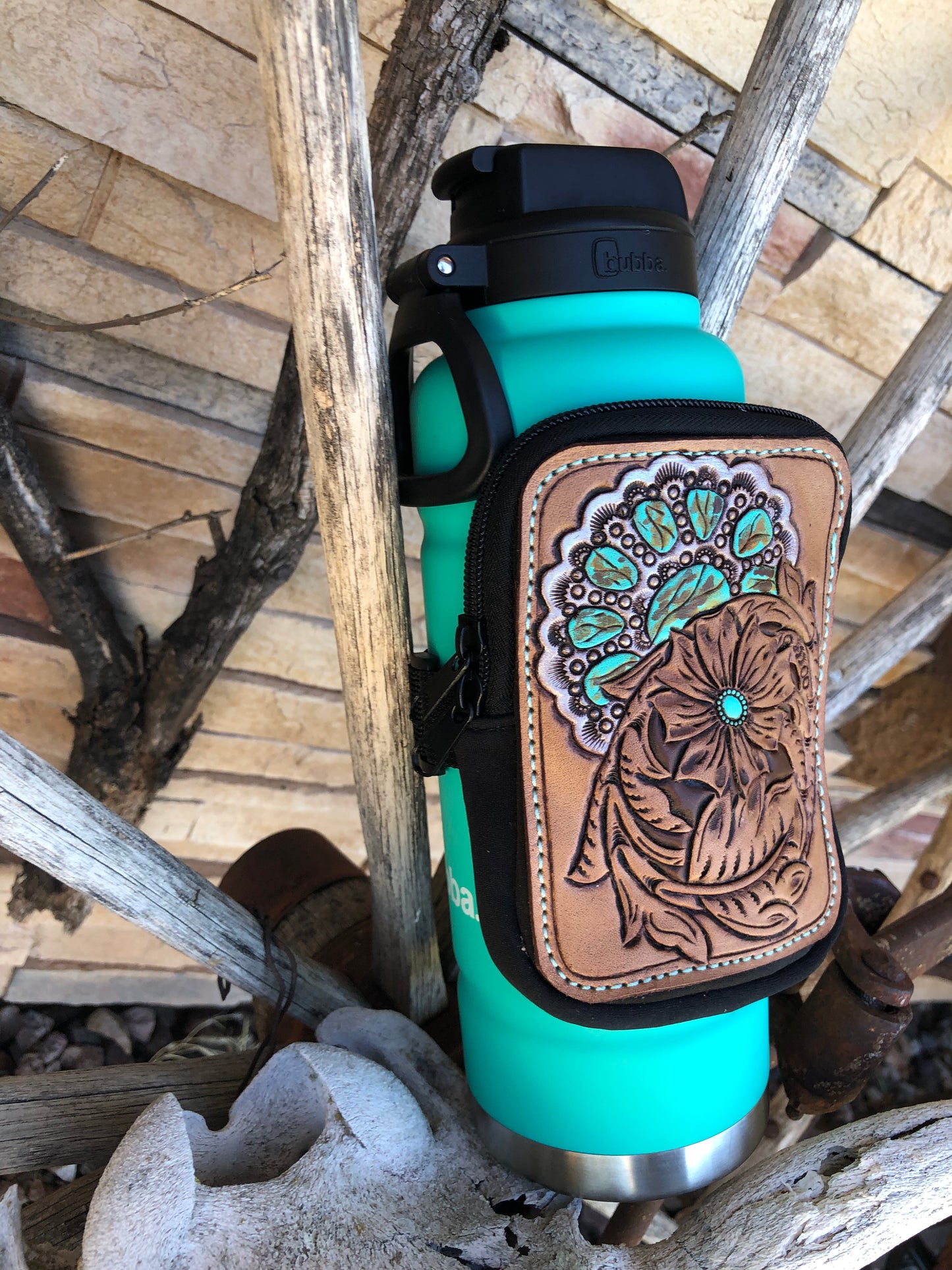 Western tooled leather floral and faux turquoise jewelry black tumbler pouch