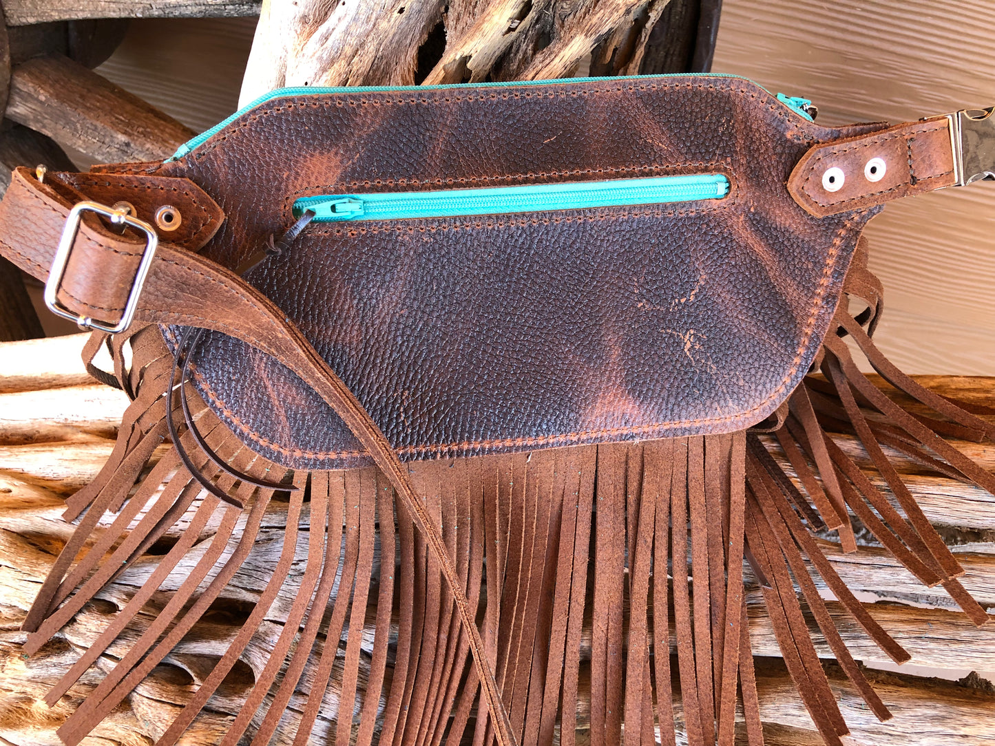 Western tooled leather floral and turquoise jewelry brown fringe Fanny pack