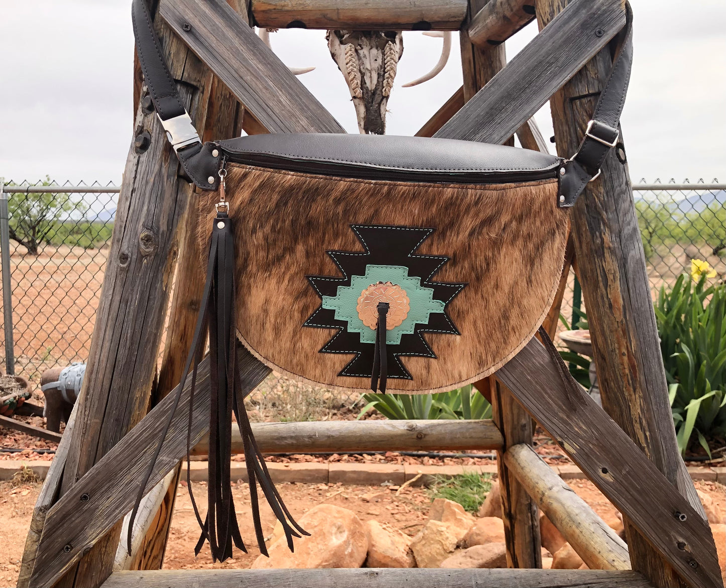 Southwestern geometric concho large cowhide crossbody bag or Fanny pack