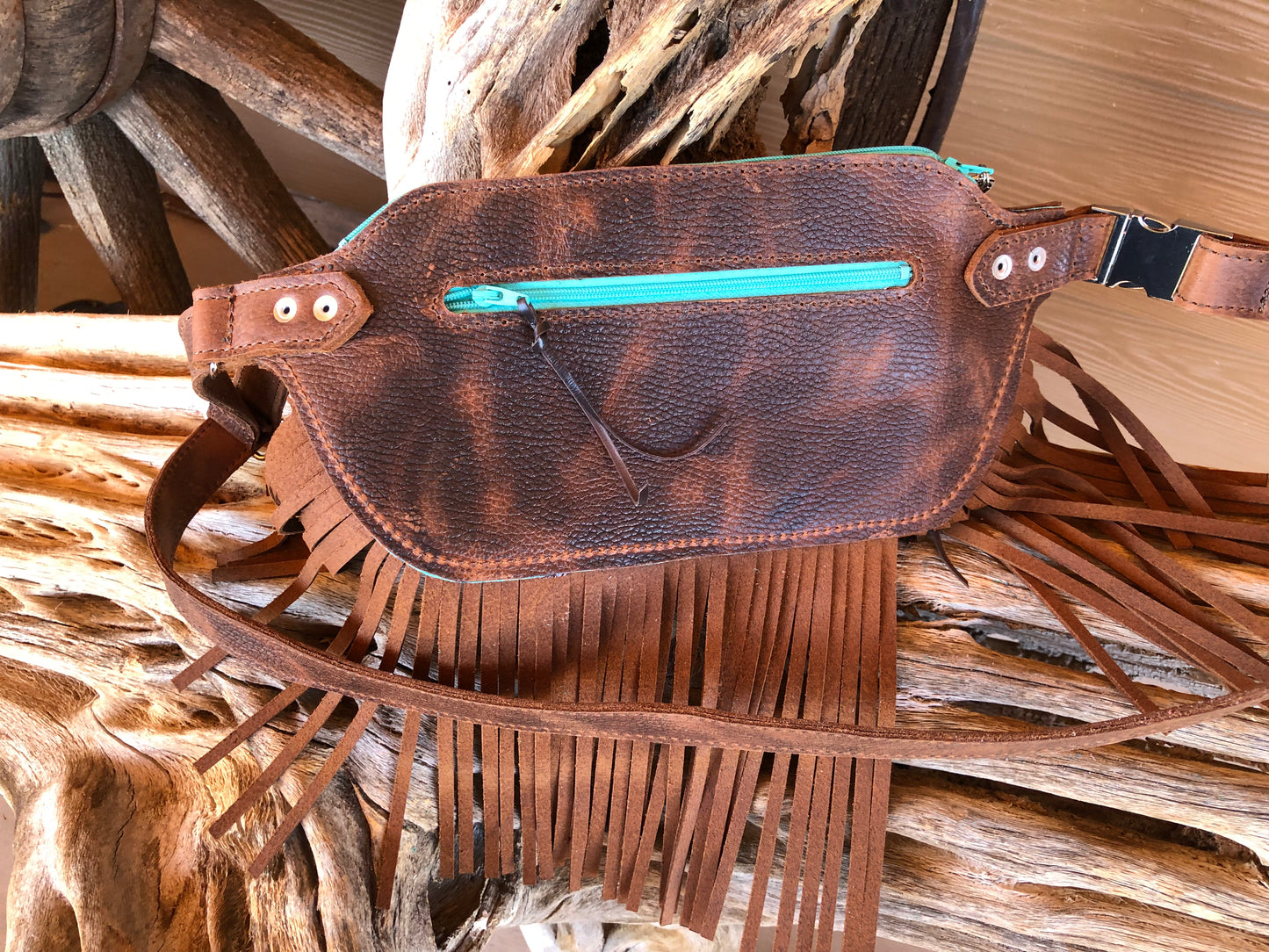 Western tooled leather floral and turquoise jewelry butterfly brown fringe Fanny pack