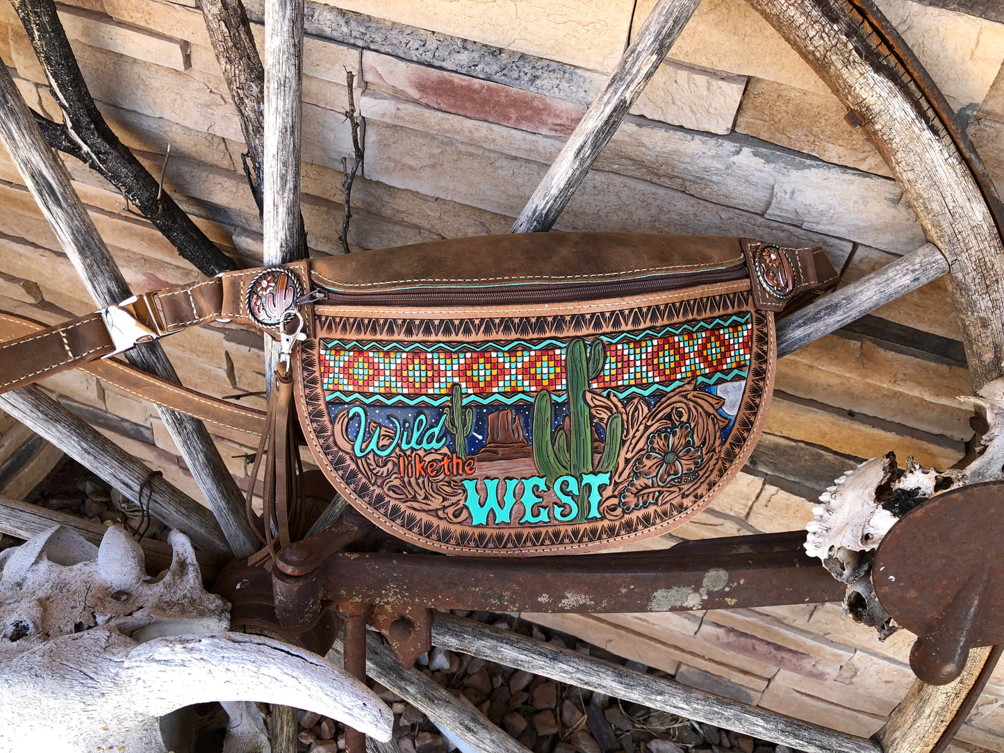 Western tooled leather Wild like the West Fanny pack Bum bag