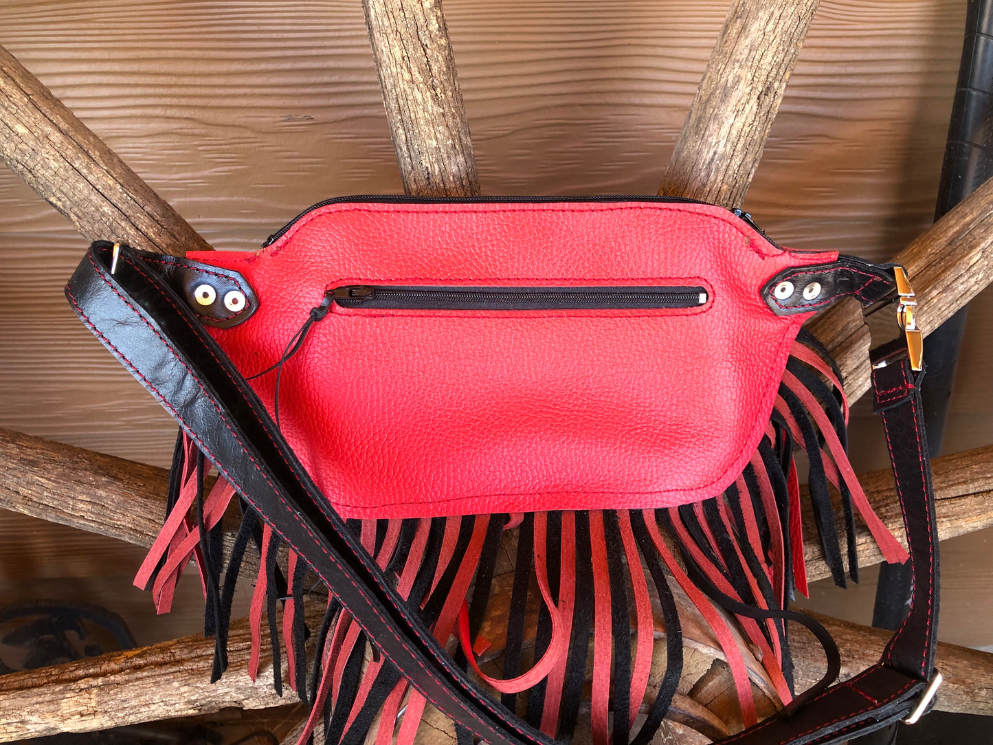 Western tooled leather floral and faux beadwork red and black fringe Fanny pack