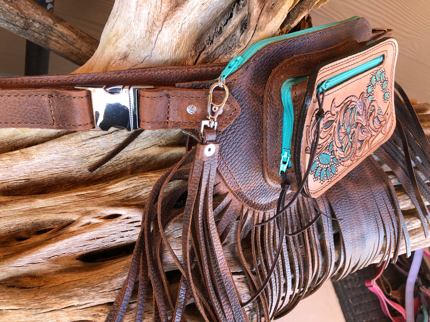 Western tooled leather floral and turquoise jewelry brown fringe Fanny pack