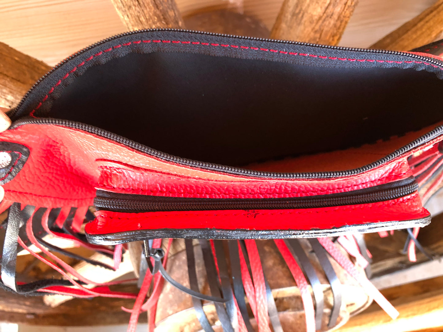 Western tooled leather floral and faux beadwork red and black fringe Fanny pack