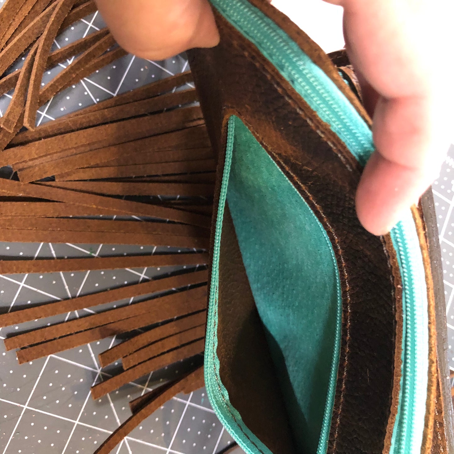 Western tooled leather floral and turquoise jewelry brown fringe Fanny pack