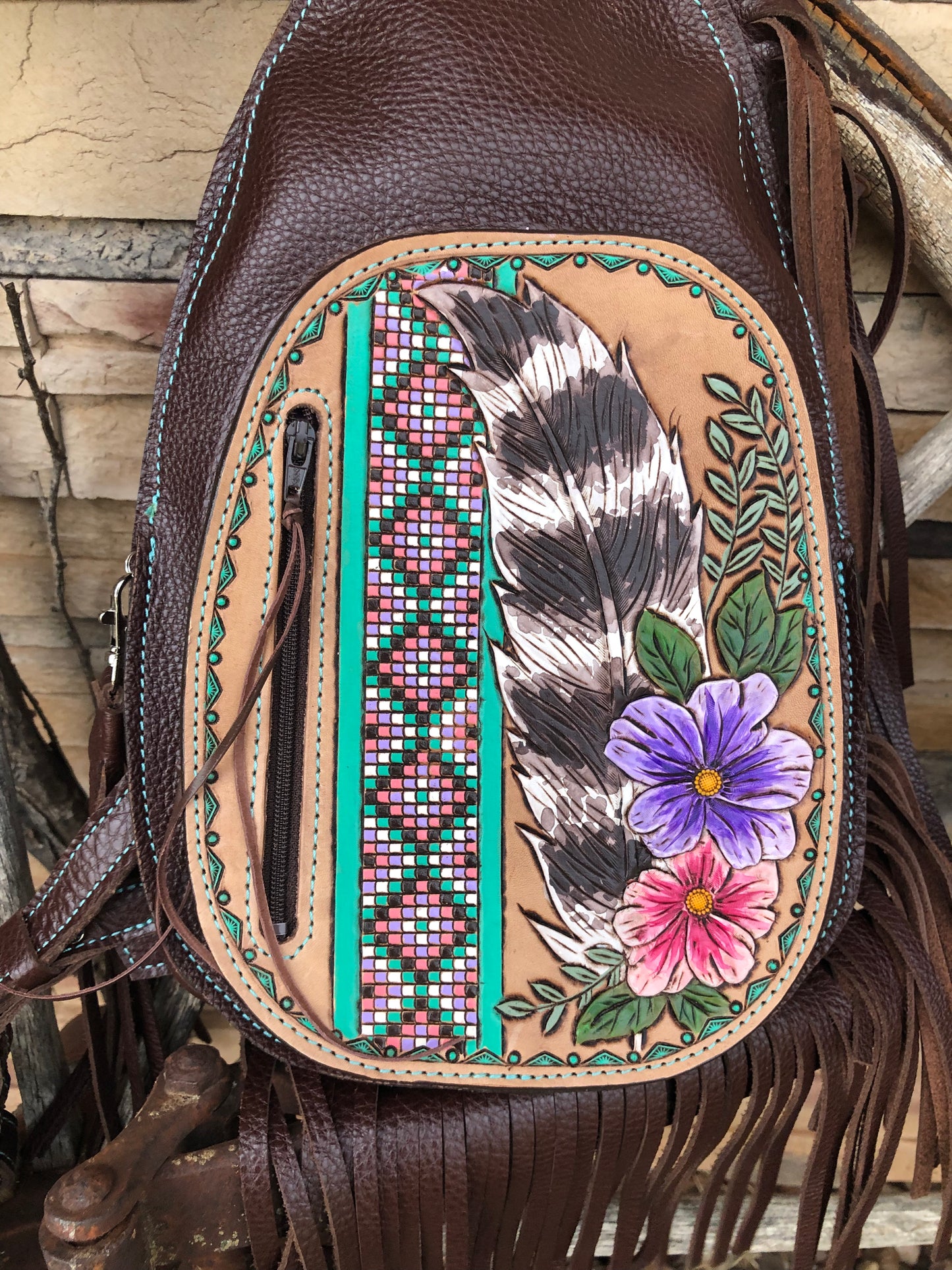 Western tooled leather floral feather and faux beadwork fringe sling bag