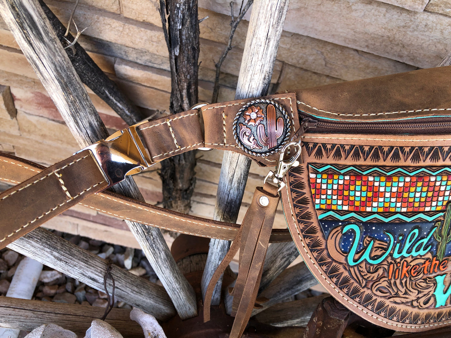 Western tooled leather Wild like the West Fanny pack Bum bag
