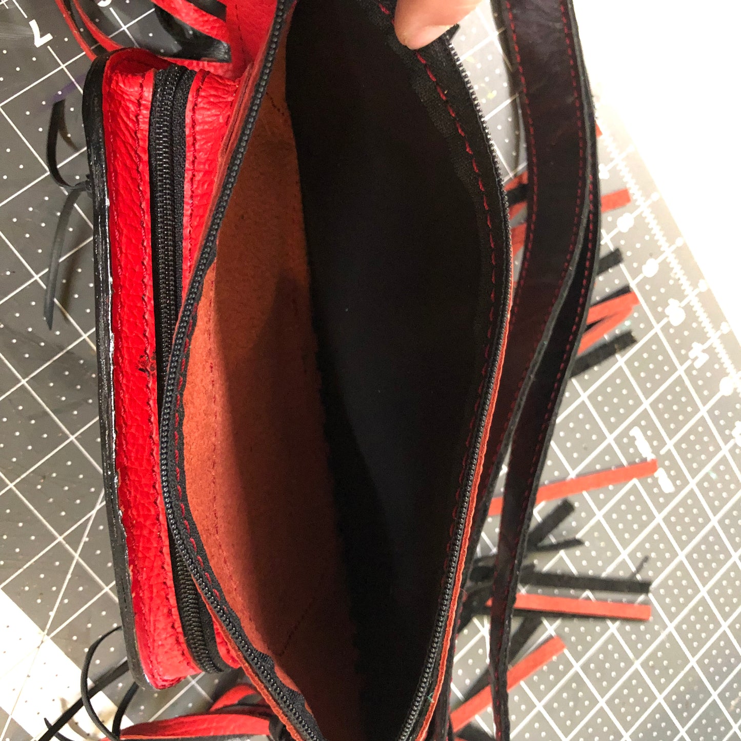 Western tooled leather floral and faux beadwork red and black fringe Fanny pack