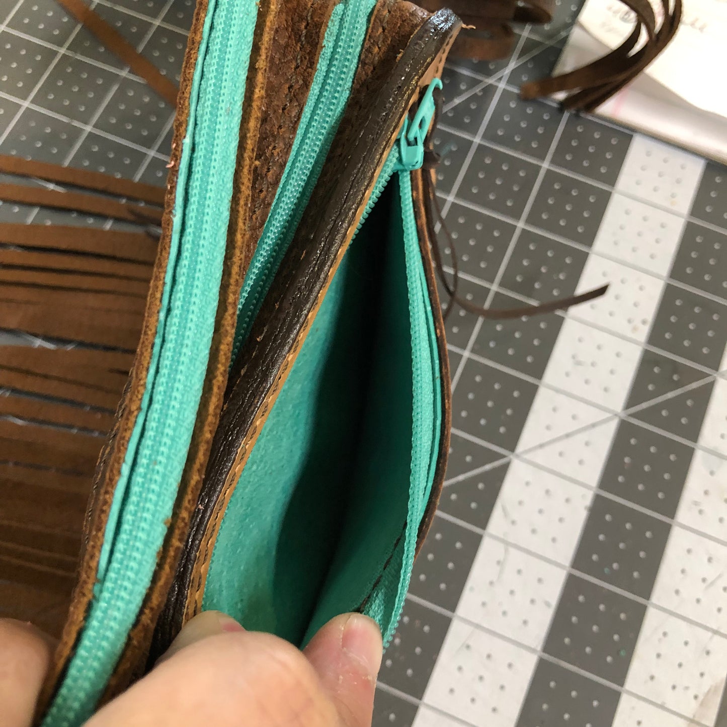 Western tooled leather floral and turquoise jewelry brown fringe Fanny pack