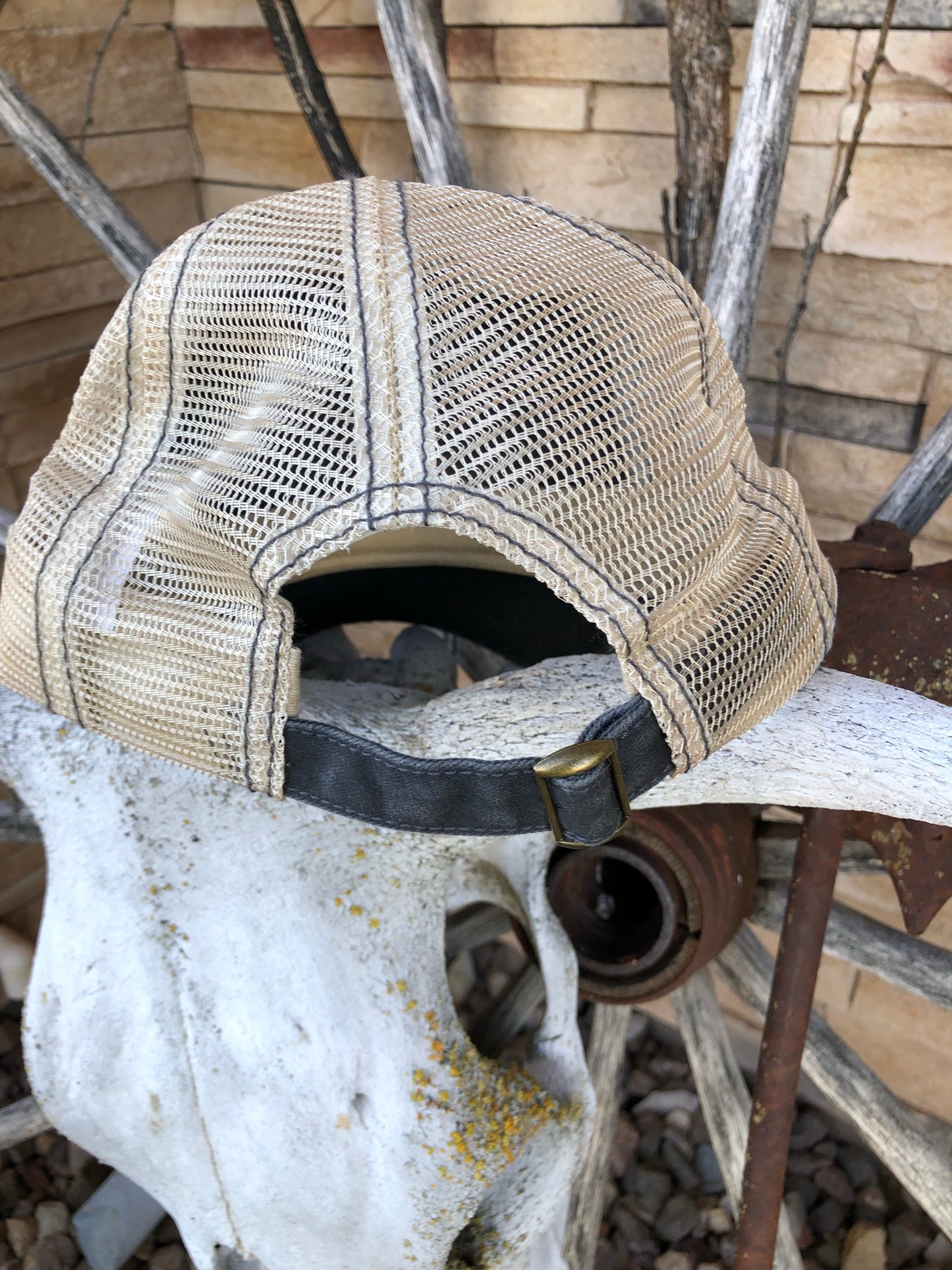 Western tooled leather deer skull and sunflower patch cap