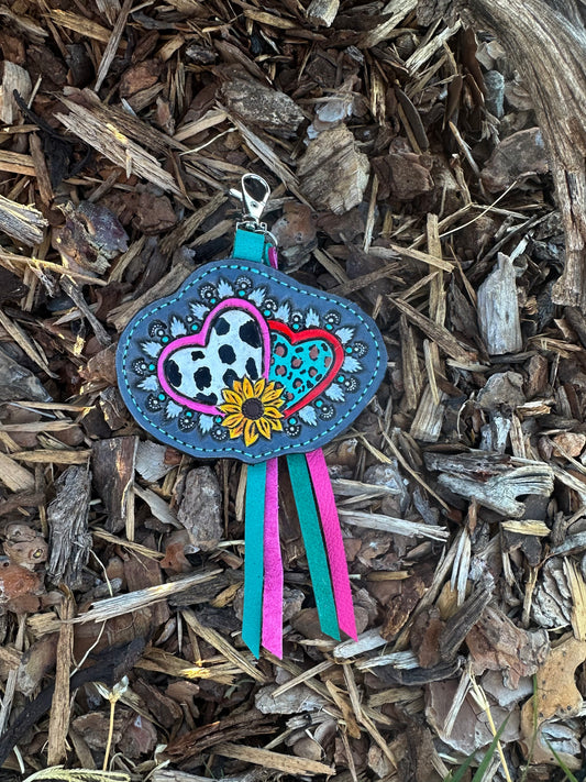 Western tooled leather hearts and sunflower keychain