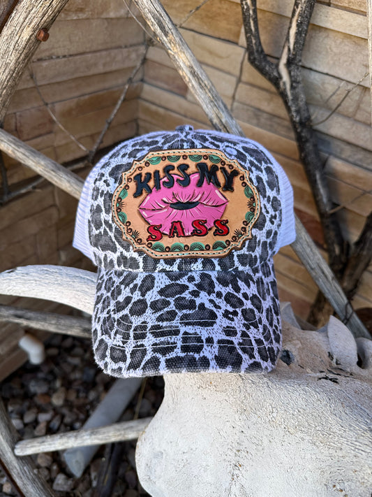 Western tooled leather Kiss My Sass patch cap