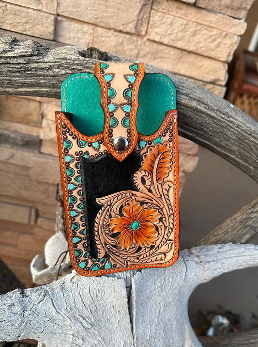 Western tooled leather turquoise floral cell phone case