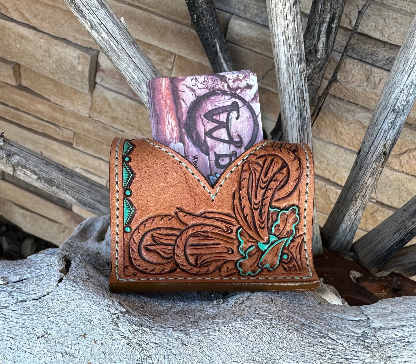 Western tooled leather floral business card holder