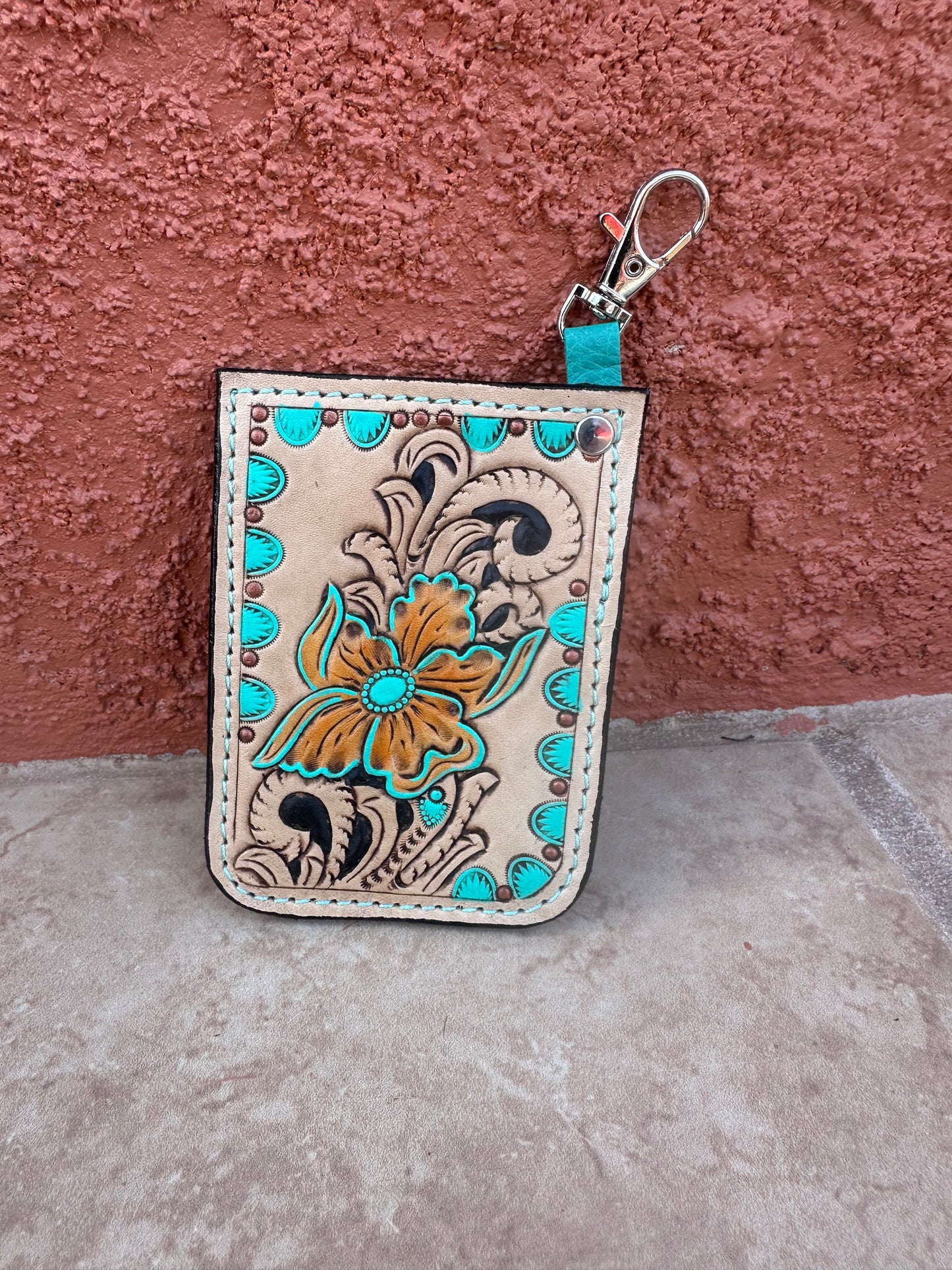 Western tooled leather floral card keychain