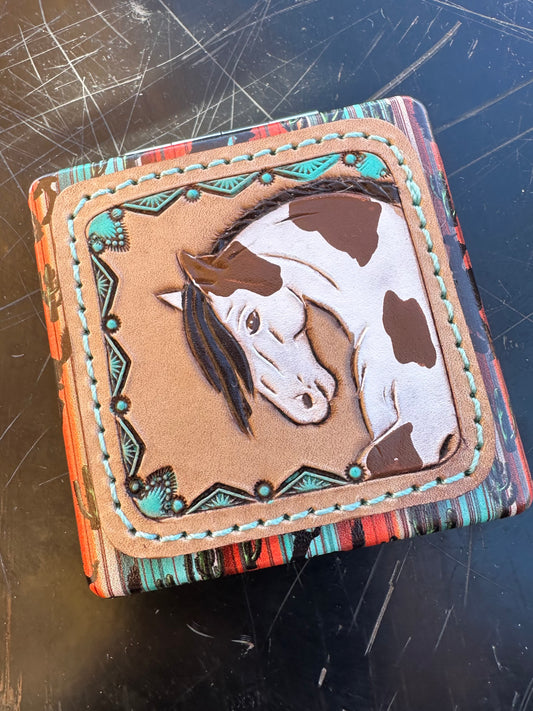 Western tooled leather horse patch compact mirror