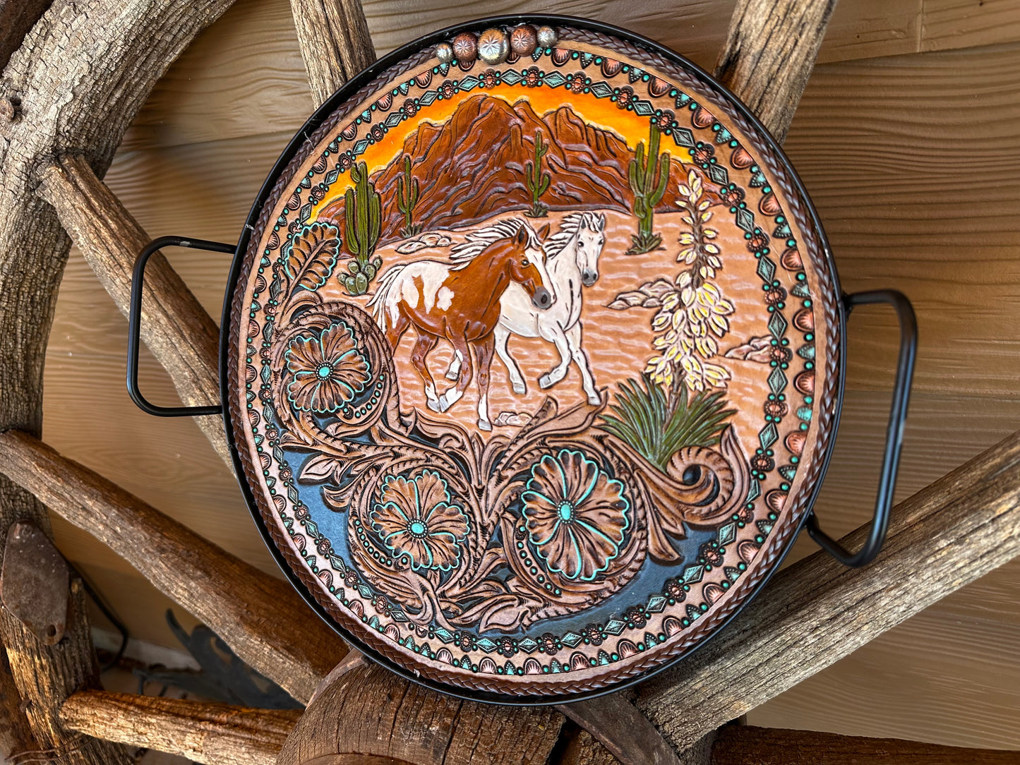 Western tooled leather running horses valet tray