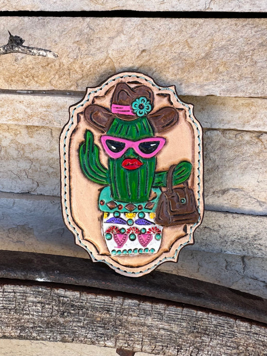 Western tooled leather cactus magnet