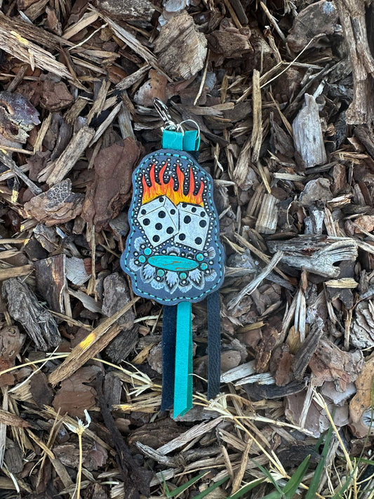 western tooled leather flaming dice and turquoise keychain