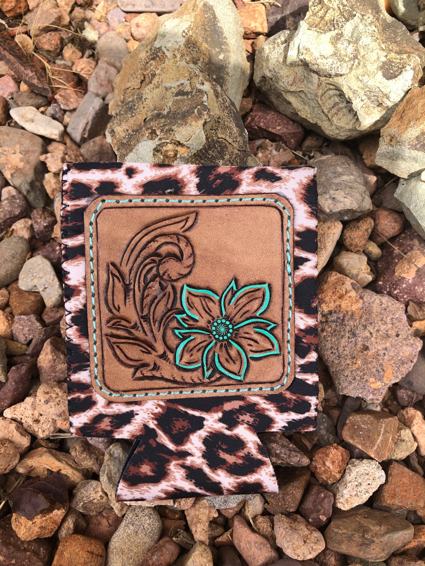 Western tooled leather floral can koozie