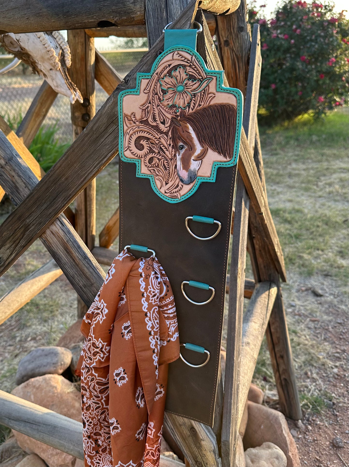 Western tooled leather horse wild rag scarf hanger