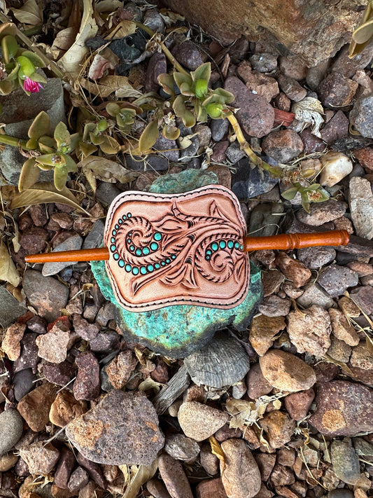 Western tooled leather scroll and turquoise stick hair barrette