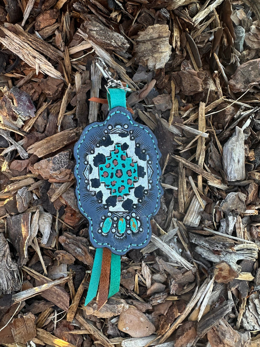 Southwestern tooled leather retro turquoise and cow print keychain