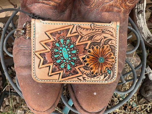 Southwestern tooled leather turquoise and copper floral zipper card wallets