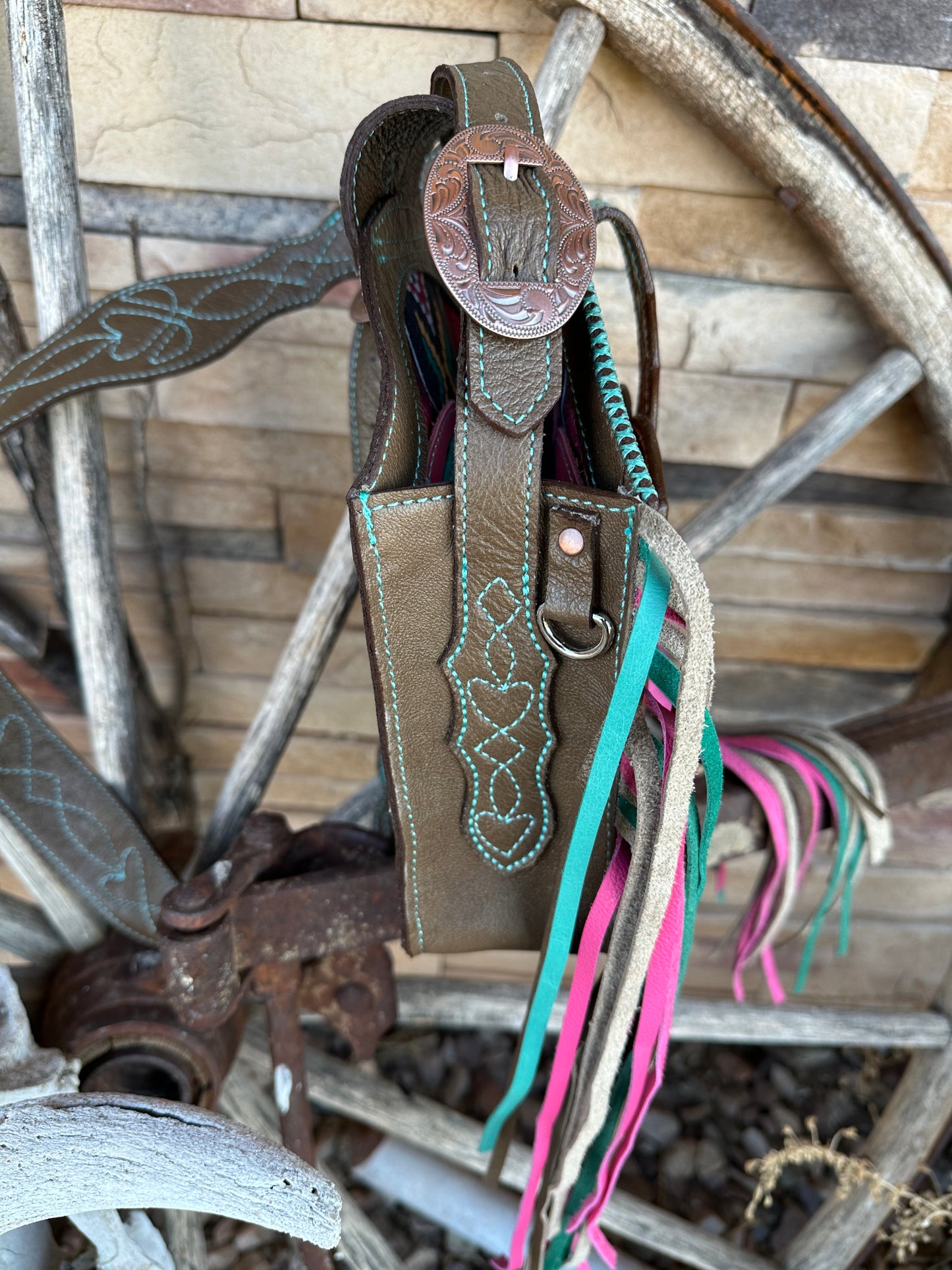 Western tooled leather heart boot fringe bag with front cell phone pocket
