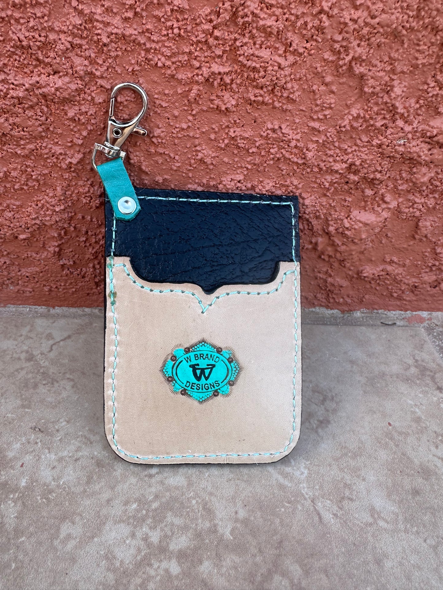 Western tooled leather rose and leopard print card keychain