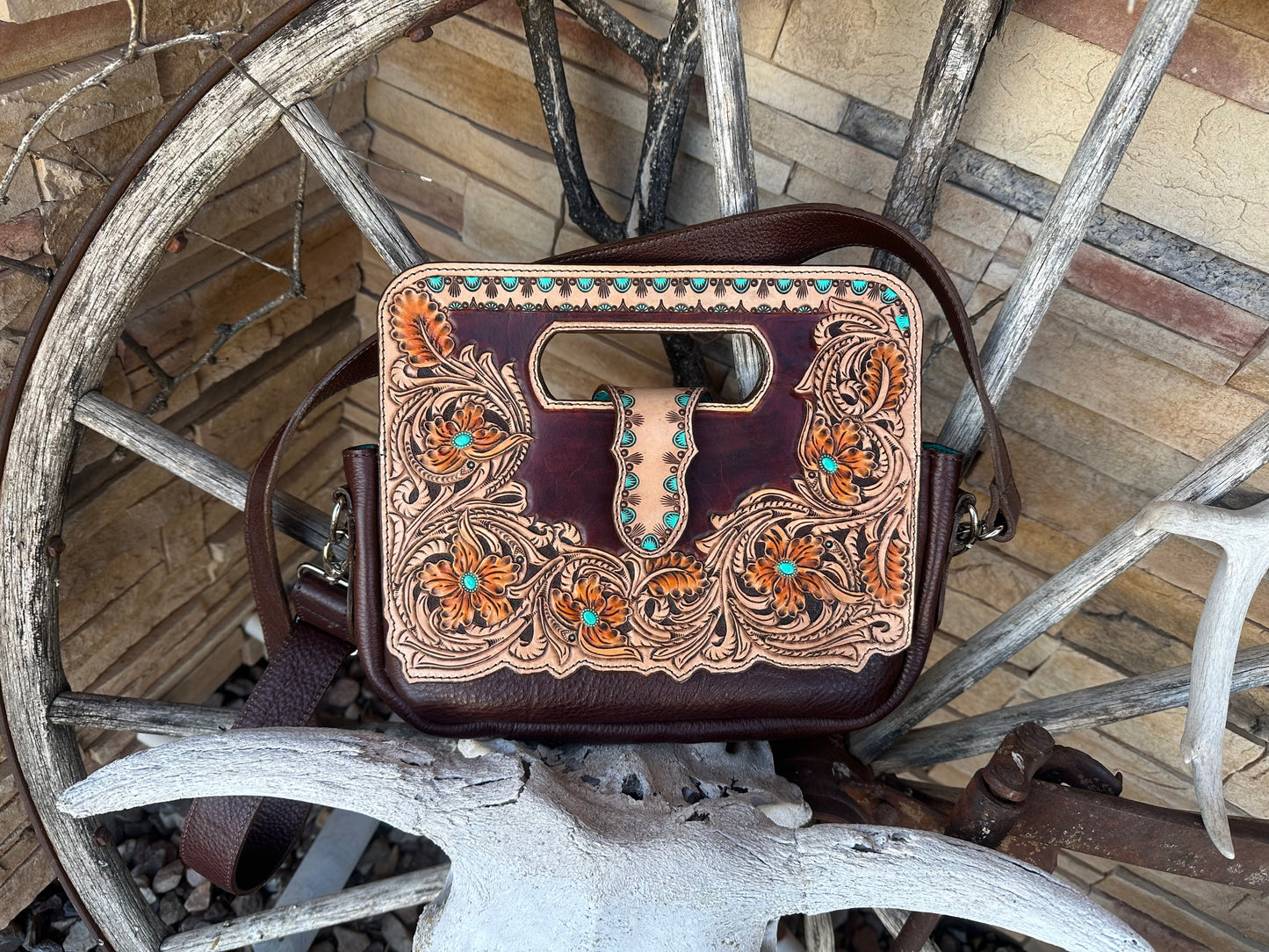 Western tooled leather floral clutch purse