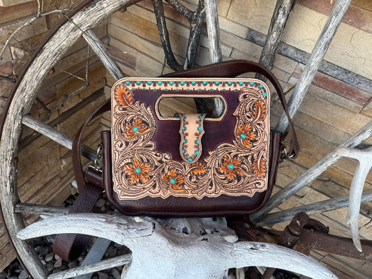 Western tooled leather floral clutch purse