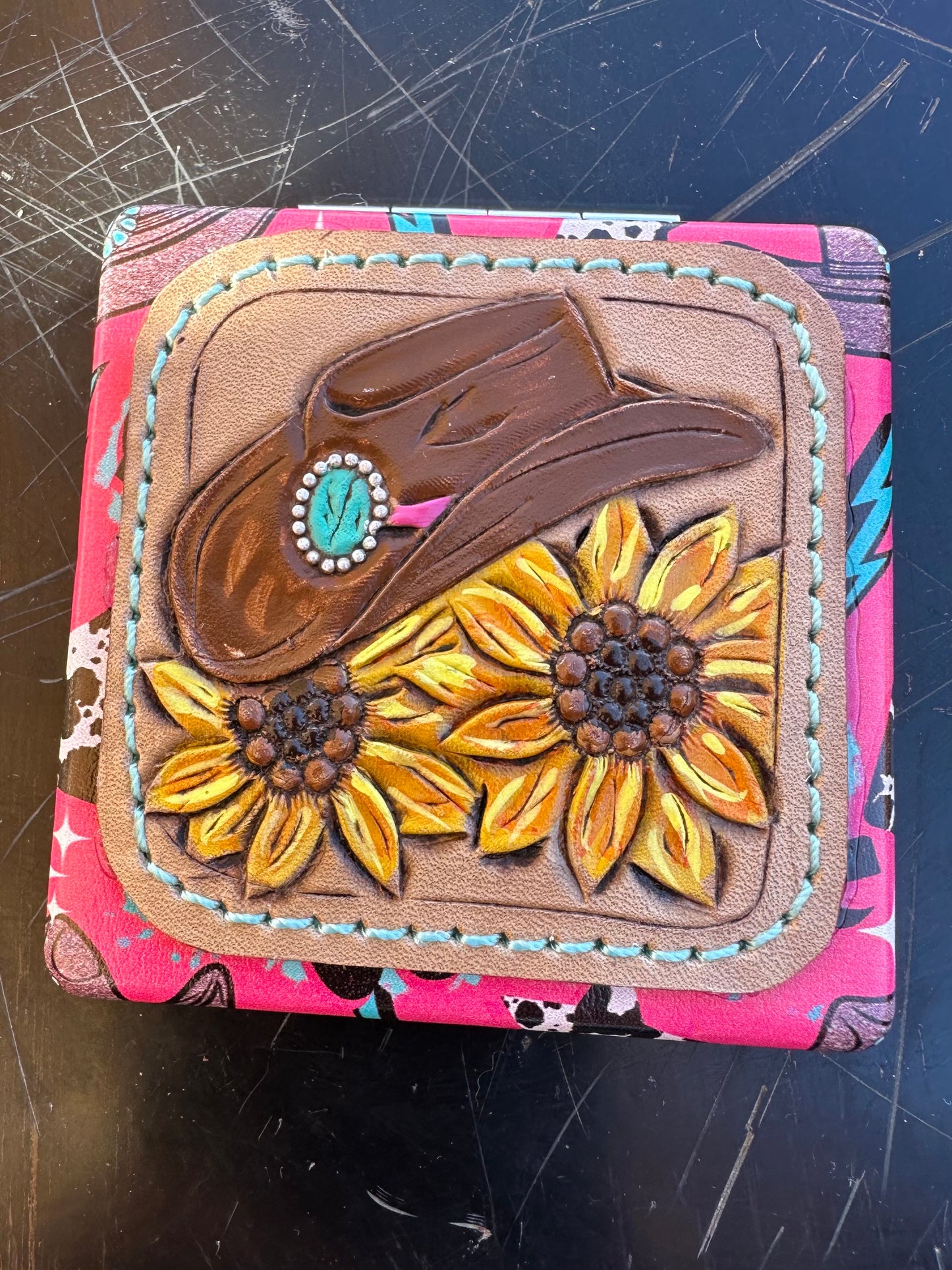 Western tooled leather cowgirl hat and sunflower patch compact mirror