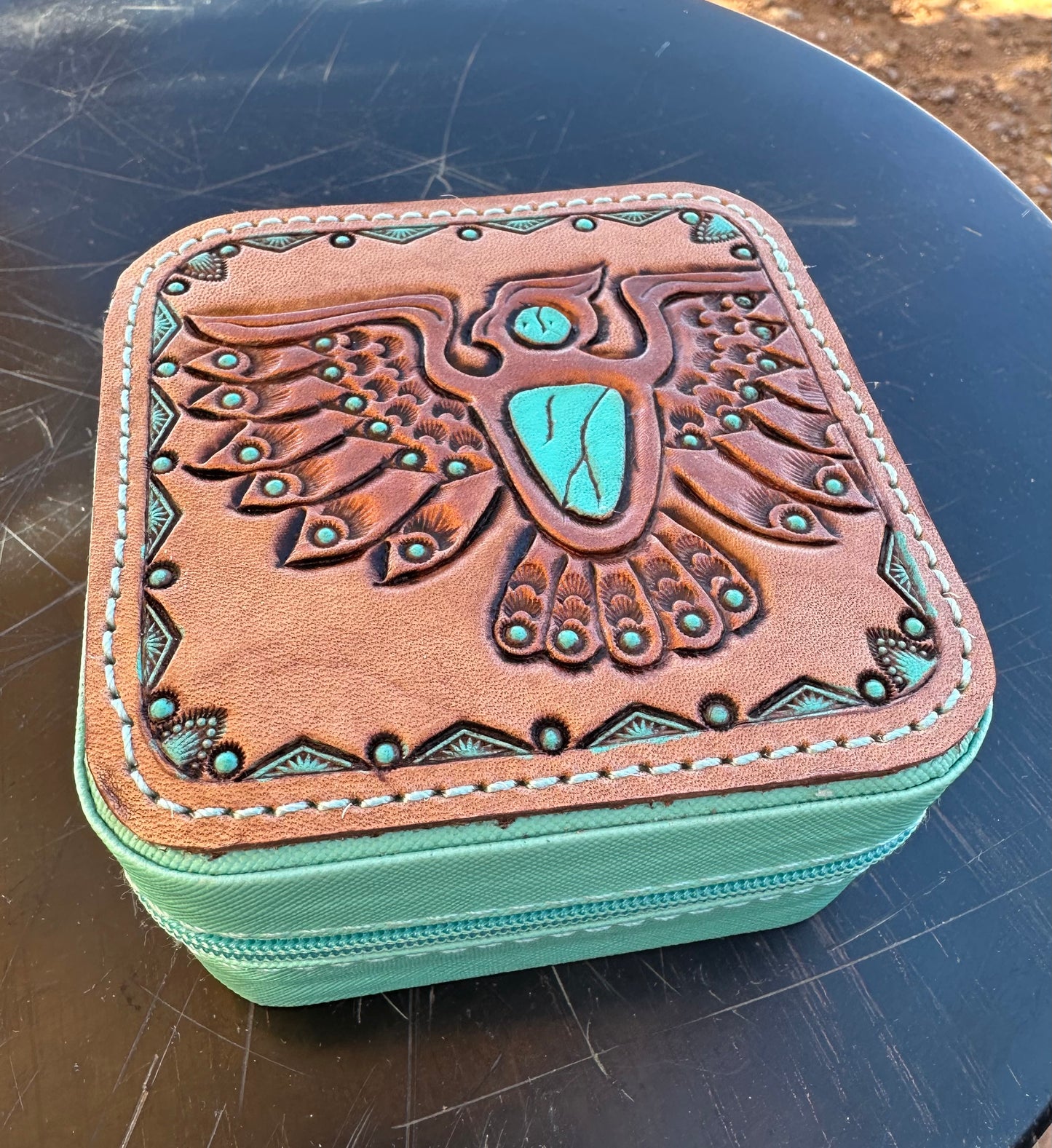 Southwestern tooled leather thunderbird travel jewelry case