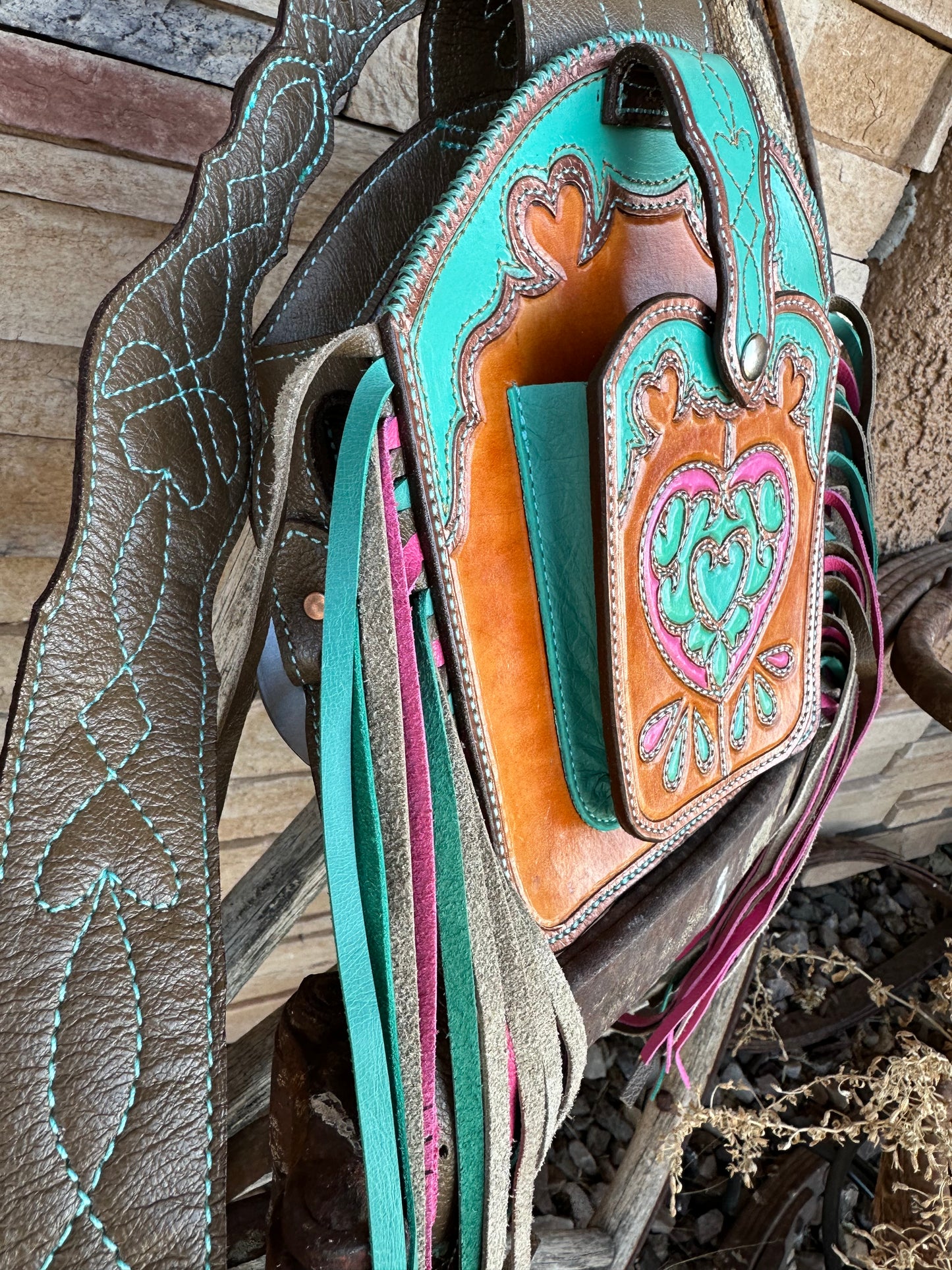 Western tooled leather heart boot fringe bag with front cell phone pocket