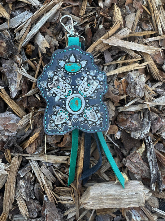 Southwestern tooled leather silver and turquoise arrows keychain