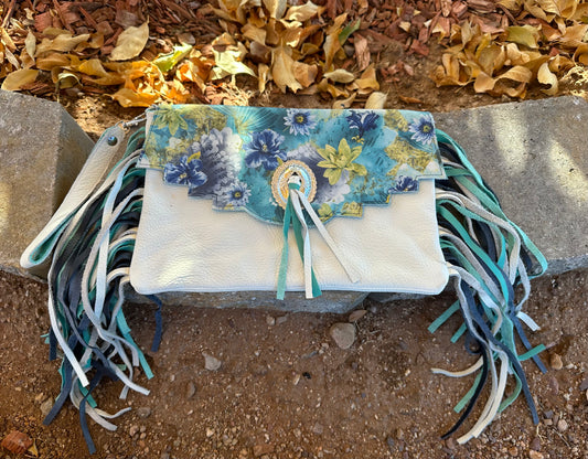 Western printed leather fringe clutch