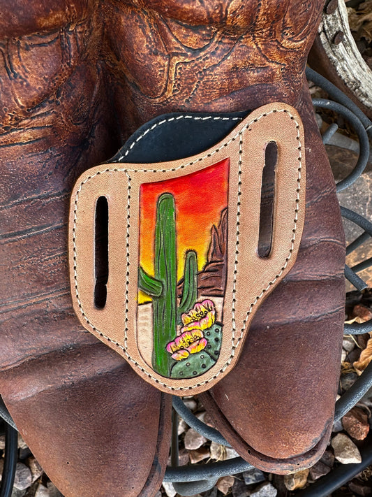 Western tooled leather desert cactus pancake knife sheath