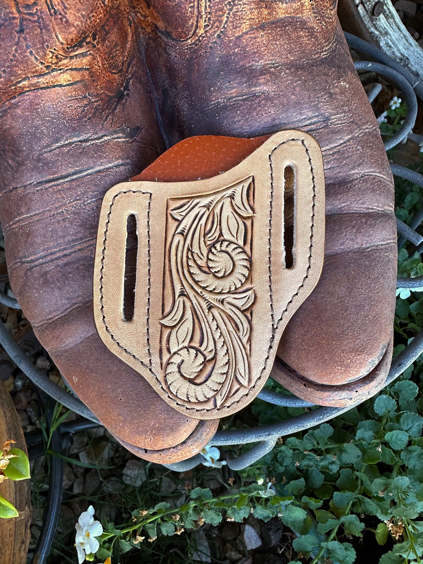 Western tooled leather scroll work knife sheath