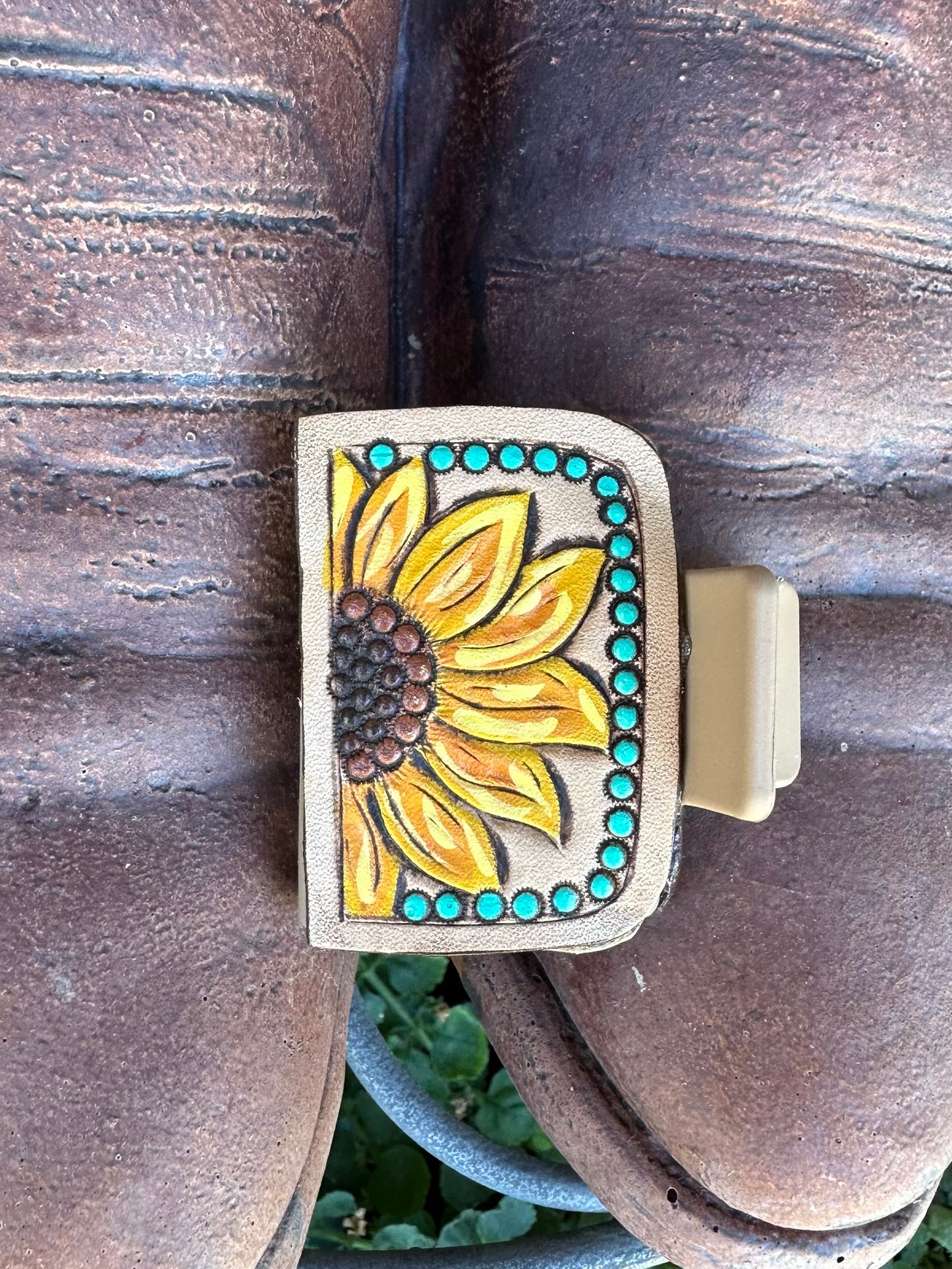 Western tooled leather sunflower claw clip small