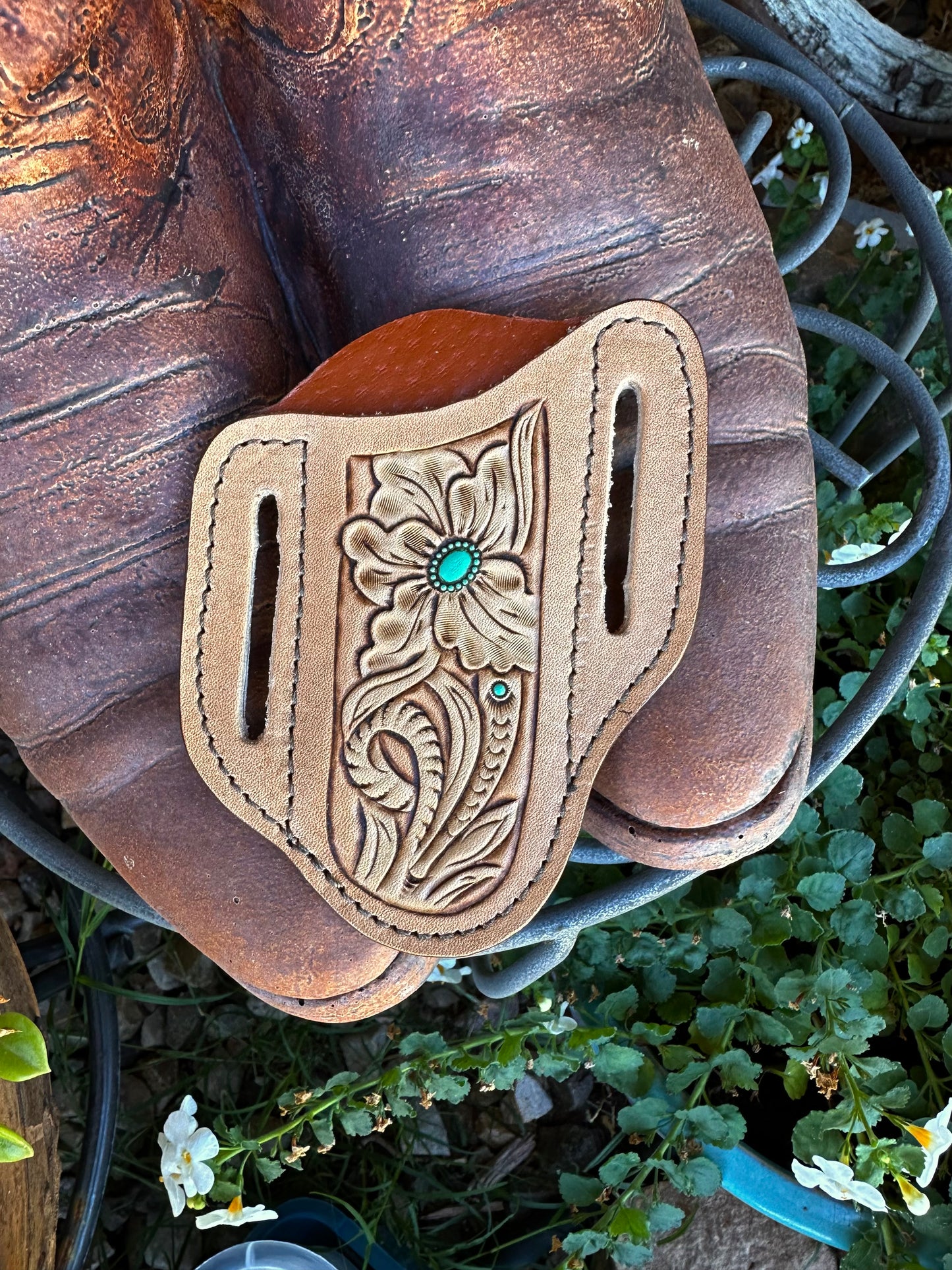 Western tooled leather floral knife sheath