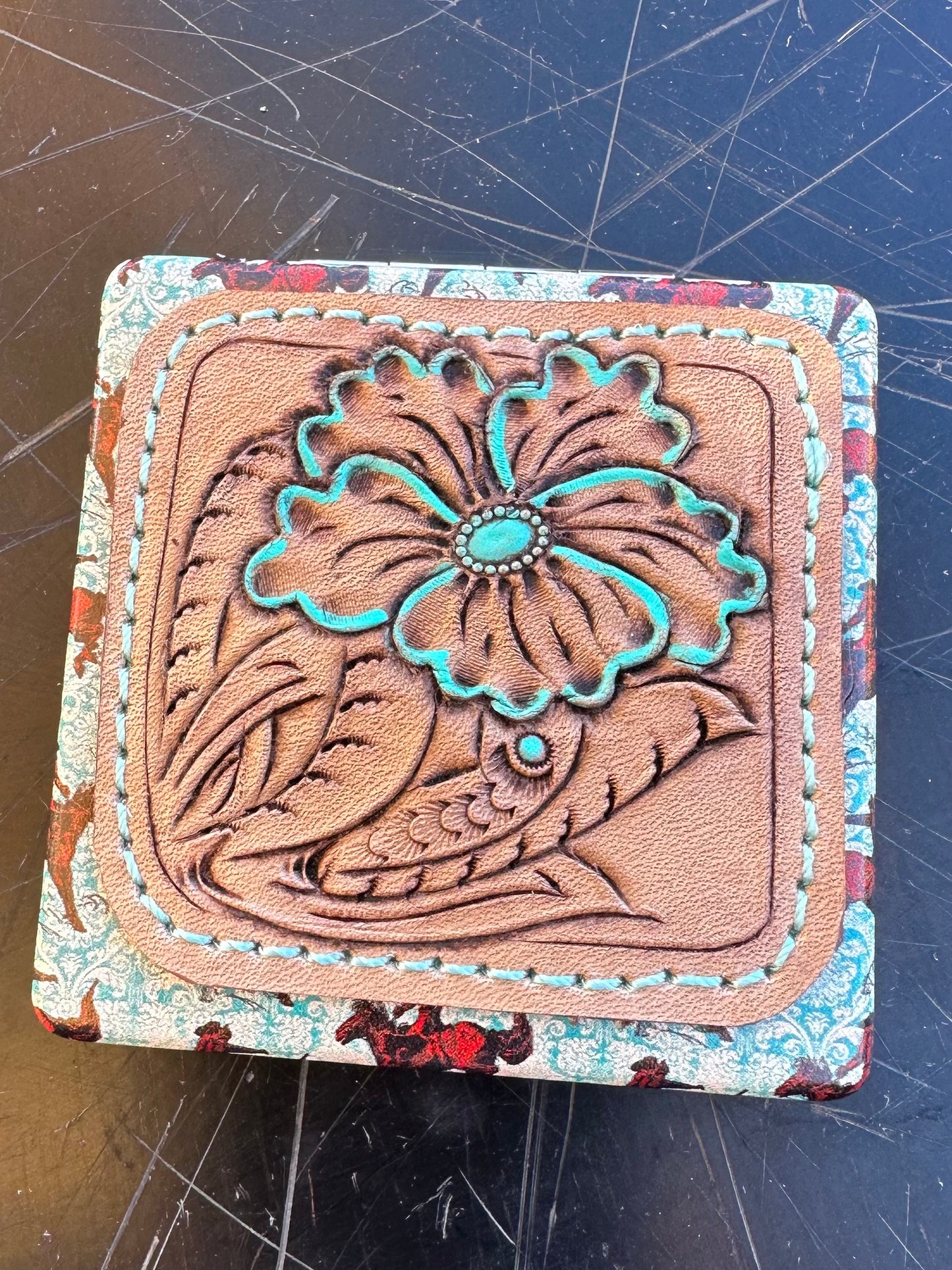 Western tooled floral patch compact mirror