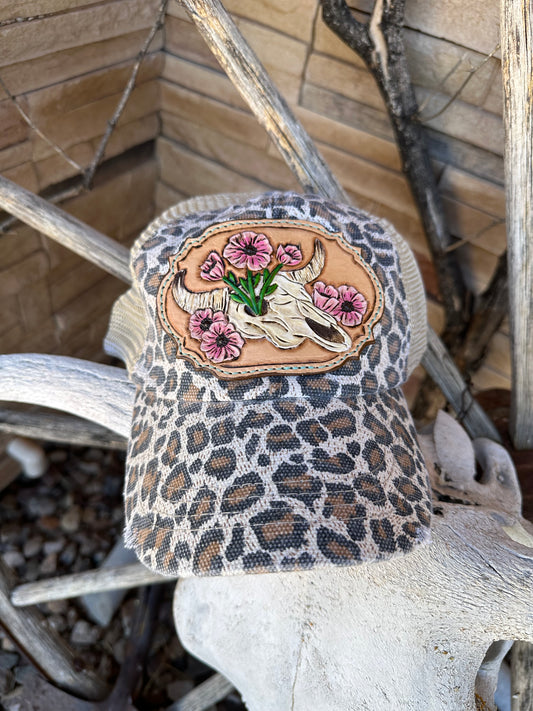 Western tooled leather floral cow skull patch cap