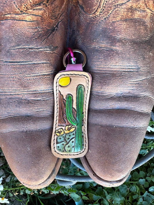 Western tooled leather desert cactus chapstick keychain