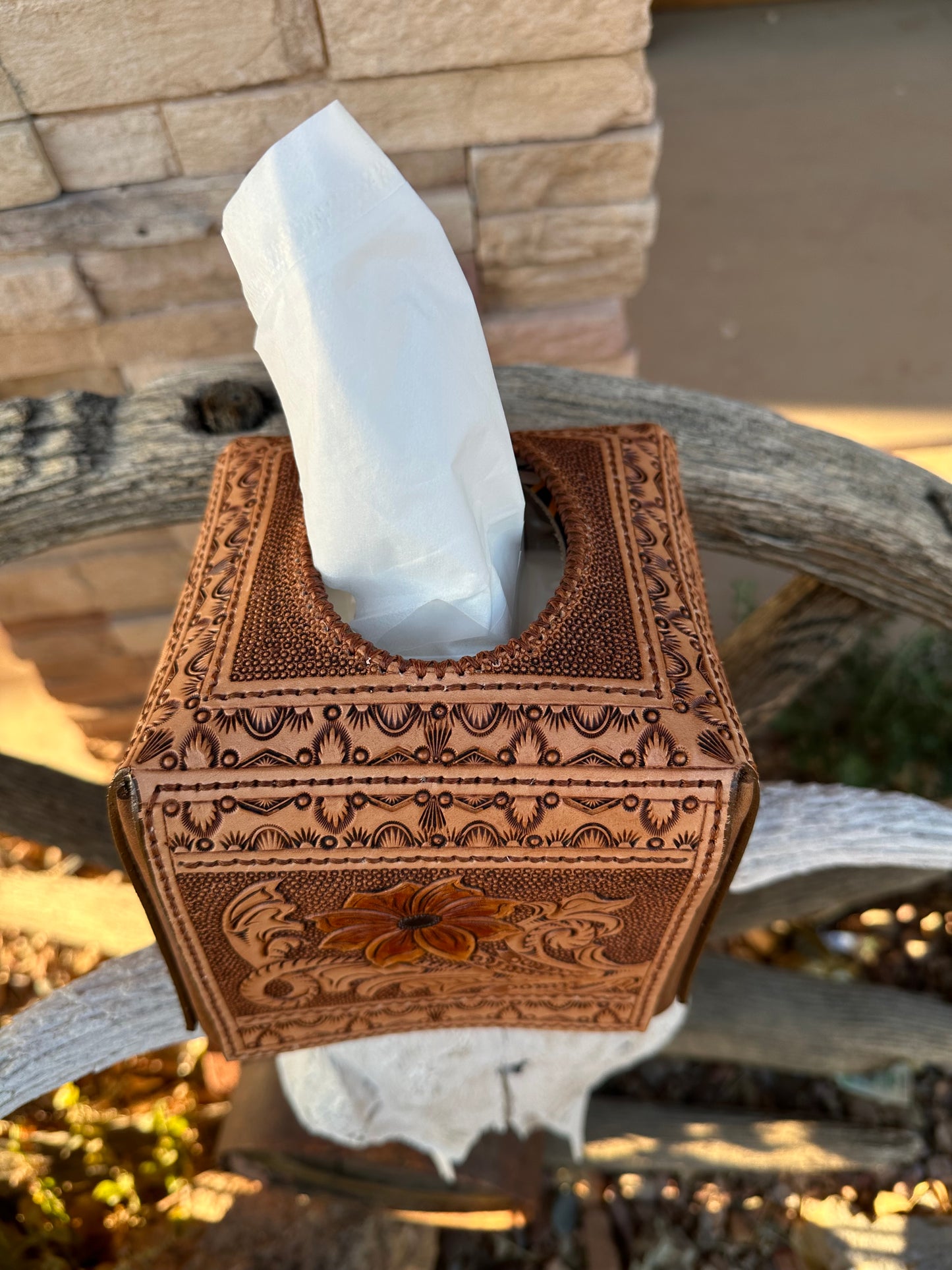 Western tooled leather floral tissue box cover