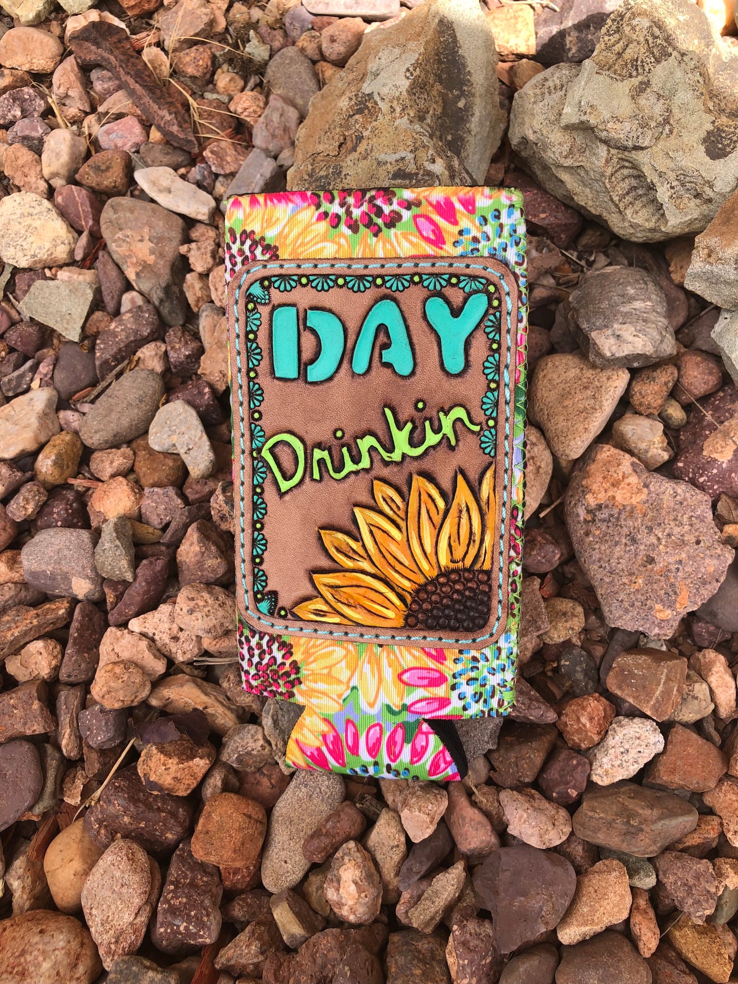 Western tooled leather day drinkin slim can koozie