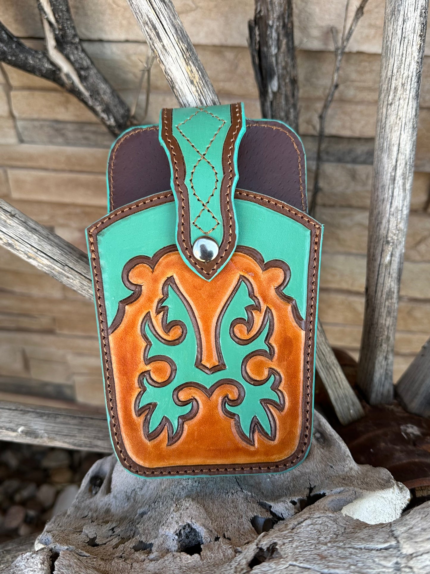 Western tooled leather brown and turquoise belt cell phone case
